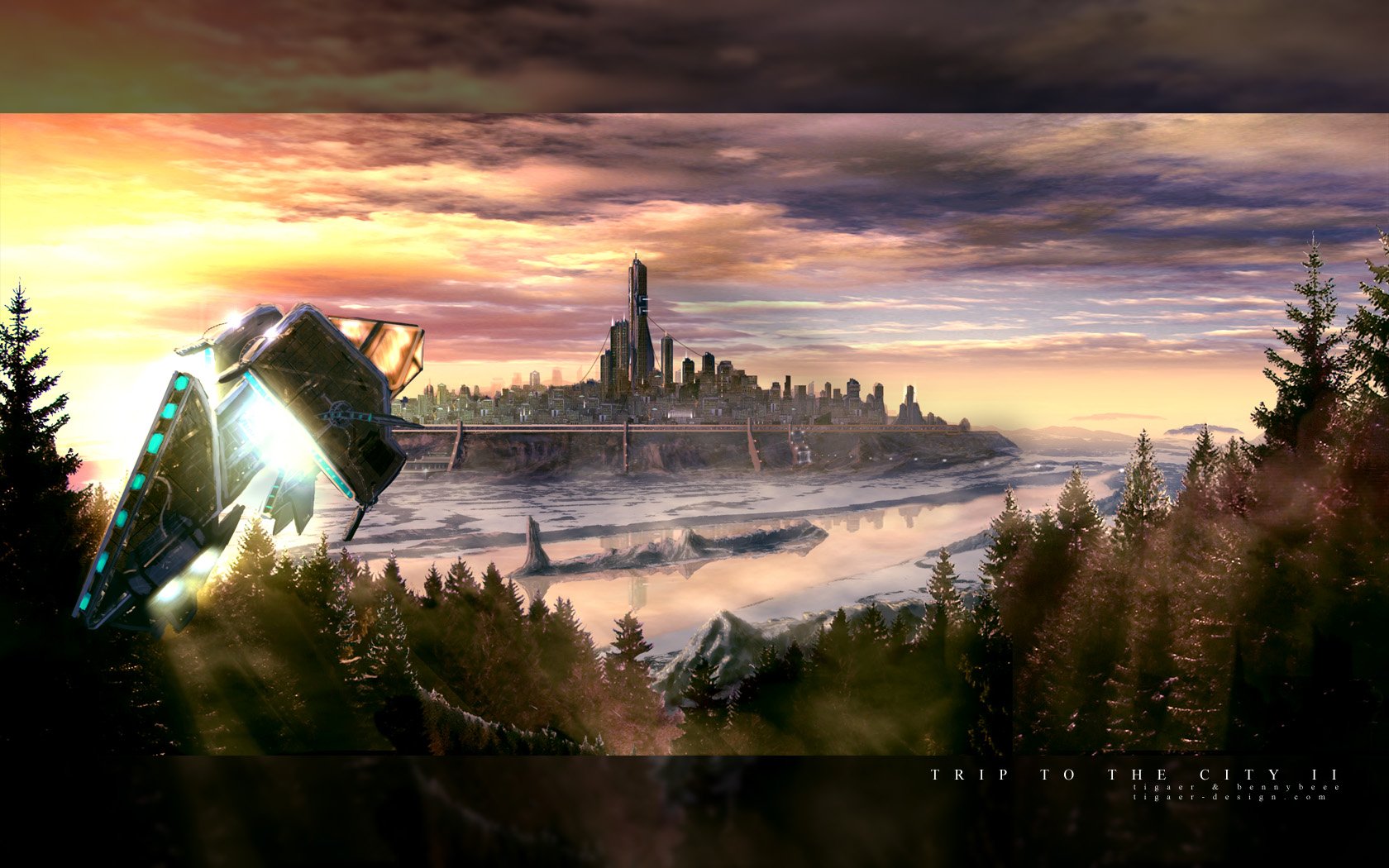 A vibrant sci-fi cityscape at sunset with futuristic buildings across a river, viewed from a forested hillside, captured in HD for a PC desktop wallpaper background.