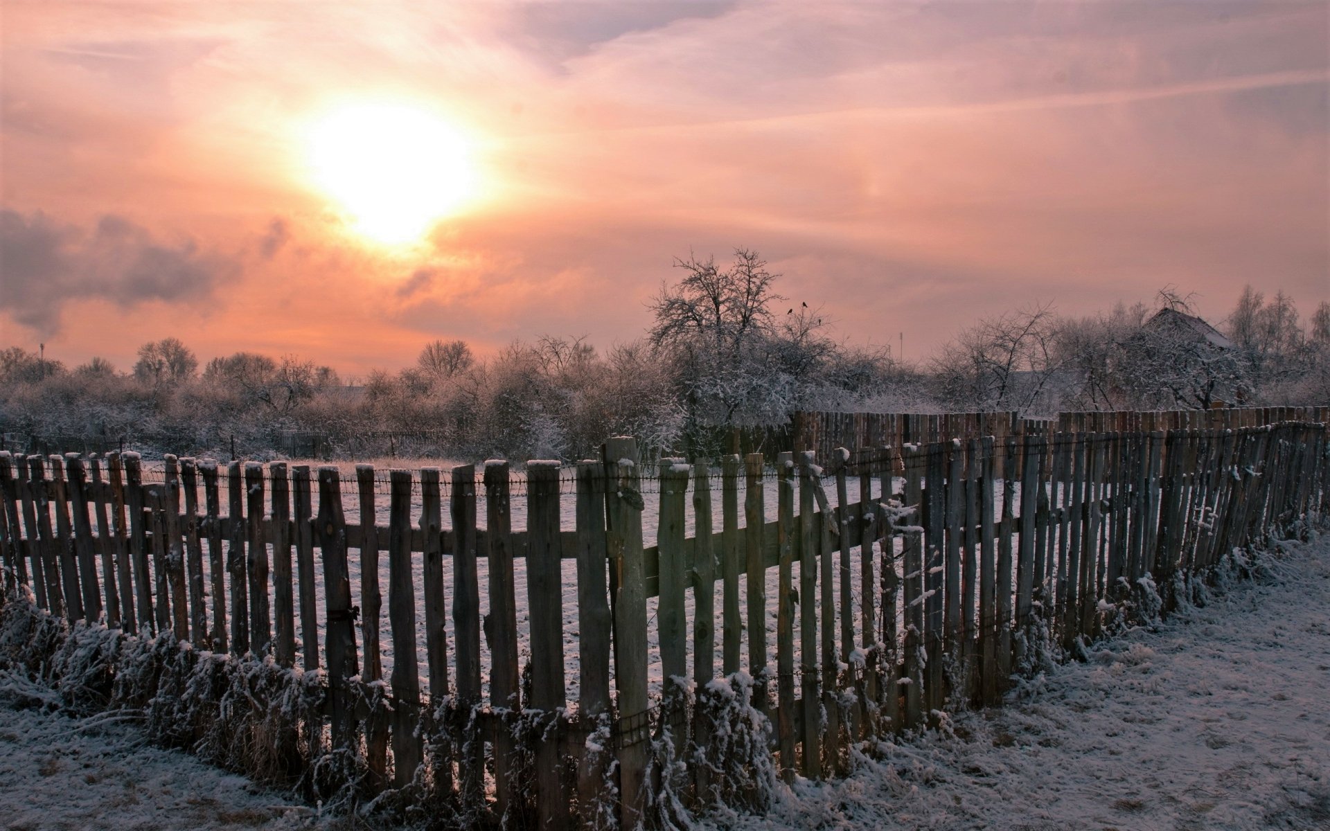 Download Wooden Field Fence Snow Winter Photography Sunset HD Wallpaper