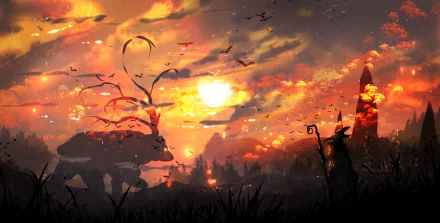 A HD fantasy anime wallpaper featuring a mythical creature and a wizard silhouetted against a vibrant sunset sky, with distant mountains and a towering spire in the background.
