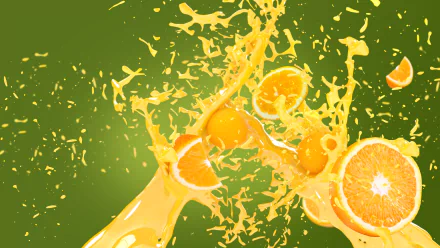 Vibrant 4K Ultra HD desktop wallpaper featuring fresh orange fruit slices bursting with juice against a green background, highlighting rich orange color and freshness.