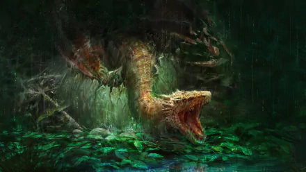 HD fantasy PC desktop wallpaper depicting a fierce dragon roaring amidst pouring rain in a dark, mystical environment.