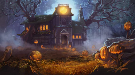 HD Halloween desktop wallpaper featuring a haunted house under a full moon, surrounded by eerie trees and glowing jack-o'-lanterns.