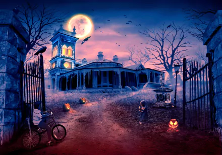 A spooky Halloween scene featuring a haunted house, a full moon, ravens and bats in the sky, a little girl with a jack-o'-lantern, and eerie shadows around a path.