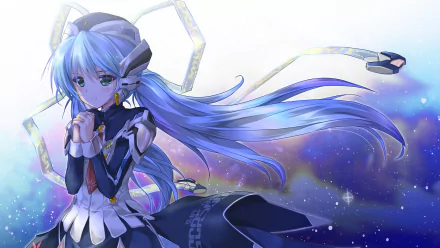 Yumemi Hoshino from Planetarian: The Reverie of a Little Planet stands against a starry, cosmic background in this HD anime PC desktop wallpaper.