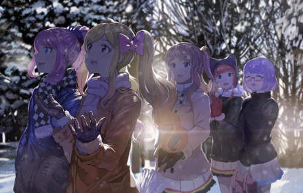 HD anime wallpaper featuring Ako Saotome, Laura Sakuraba, Yume Nijino, Koharu Nanakura, and Mahiru Kasumi from Aikatsu! standing together in a snowy forest.