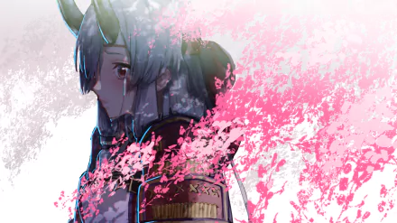 HD wallpaper of Tomoe Gozen from Fate/Grand Order anime, featuring her amidst a vibrant splash of pink and white hues, creating an artistic and dynamic background.