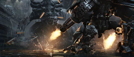 HD desktop wallpaper from Starcraft II featuring a robotic creature firing a machine gun amidst sparks and a towering monstrous figure in the background.