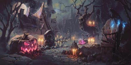 HD Halloween wallpaper: a spooky night scene with jack-o'-lanterns, lanterns, a haunted house, moon, raven, and graves in a misty landscape, evoking eerie and festive holiday vibes.