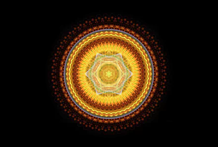 Golden circular abstract mandala pattern on black background; intricate concentric rings form a radiant HD PC desktop wallpaper and background.