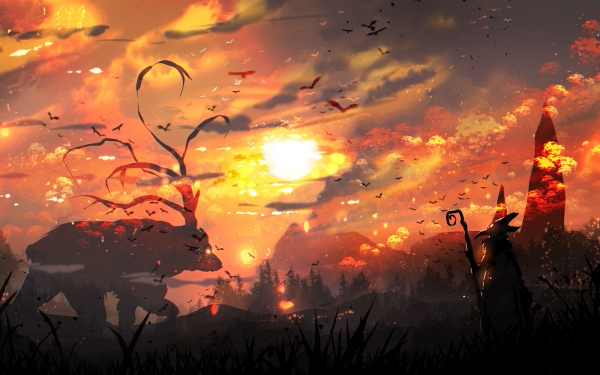 Anime Original Creature Fantasy Wizard Sun Sky HD Wallpaper | Background Image