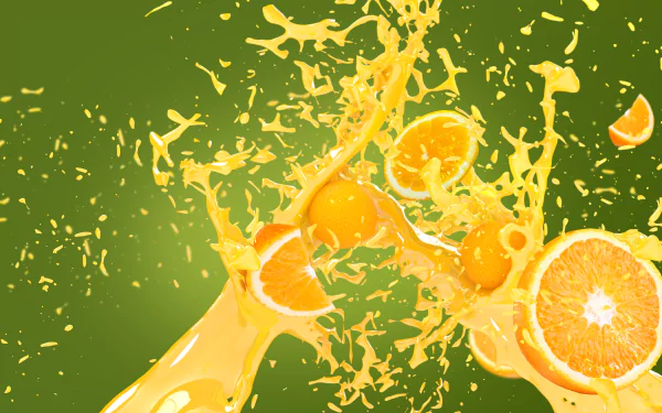 Vibrant 4K Ultra HD desktop wallpaper featuring fresh orange fruit slices bursting with juice against a green background, highlighting rich orange color and freshness.