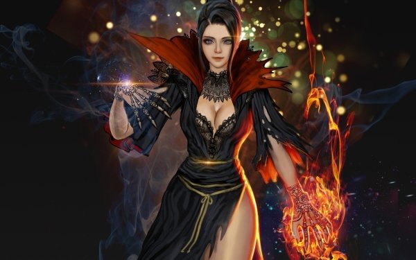 Fantasy Sorceress Fire Magic Purple Eyes Black Hair HD Wallpaper | Background Image