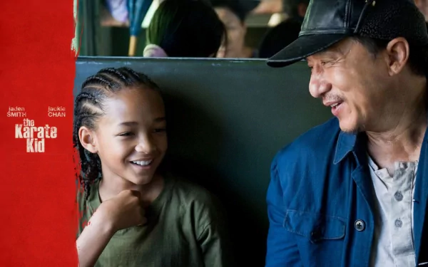 HD desktop wallpaper featuring Jaden Smith and Jackie Chan from the 2010 movie The Karate Kid. The image shows both actors sharing a lighthearted moment, with the movie title and their names on the left side.