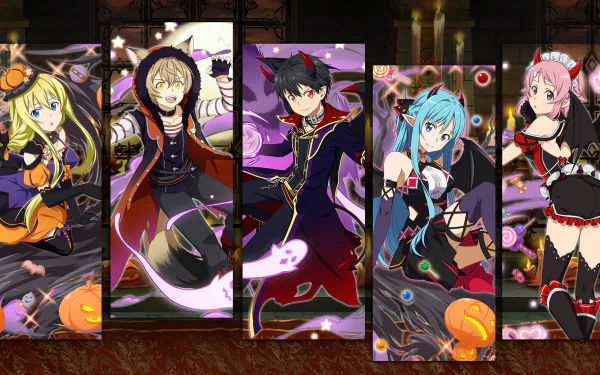 HD PC wallpaper featuring Alice Zuberg, Asuna Yuuki, Eugeo, Kirito, and characters from Sword Art Online: Memory Defrag in dynamic anime poses.