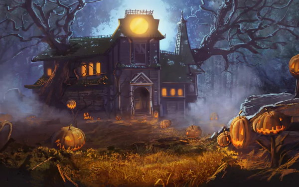 HD Halloween desktop wallpaper featuring a haunted house under a full moon, surrounded by eerie trees and glowing jack-o'-lanterns.