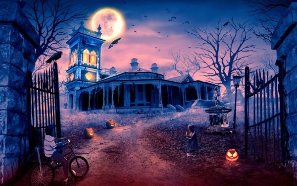 Holiday Halloween Haunted House Scary Jack-O'-Lantern Little Girl Moon Bat Raven HD Wallpaper | Background Image