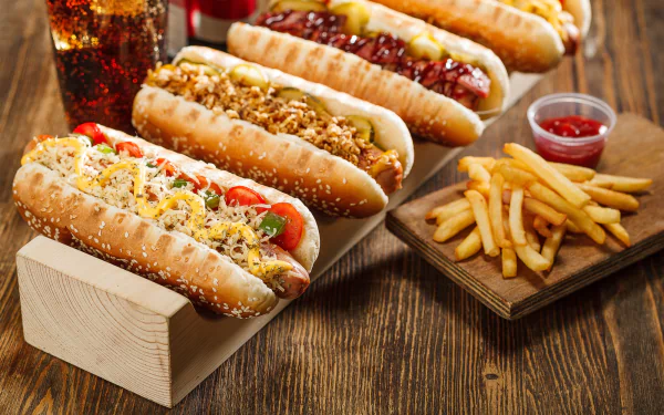 HD desktop wallpaper featuring a still life of hot dogs topped with various ingredients, accompanied by a side of French fries and a drink on a rustic wooden table.