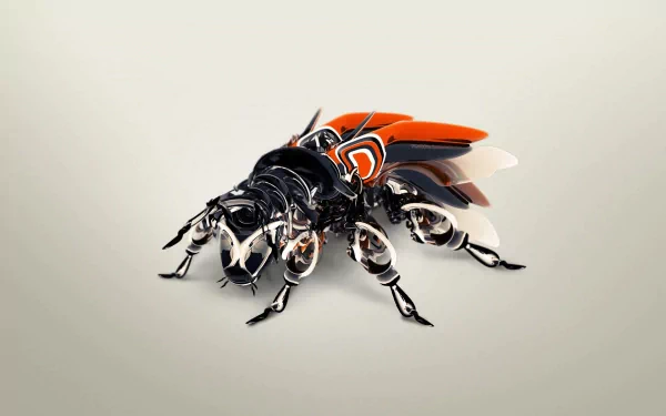 A futuristic CGI depiction of a robotic fly, combining elements of insects and technology with vibrant orange and black detailing, set against a minimalistic background.