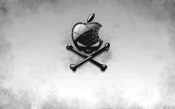 HD desktop wallpaper featuring a stylized Apple Inc. logo with a skull and crossbones design on a textured gray background, symbolizing technology.
