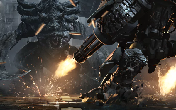 HD desktop wallpaper from Starcraft II featuring a robotic creature firing a machine gun amidst sparks and a towering monstrous figure in the background.
