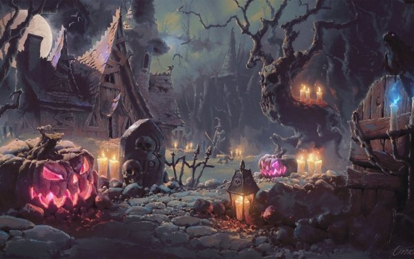 Holiday Halloween Grave Raven Bird Moon Night House Pumpkin Lantern Jack-O'-Lantern HD Wallpaper | Background Image