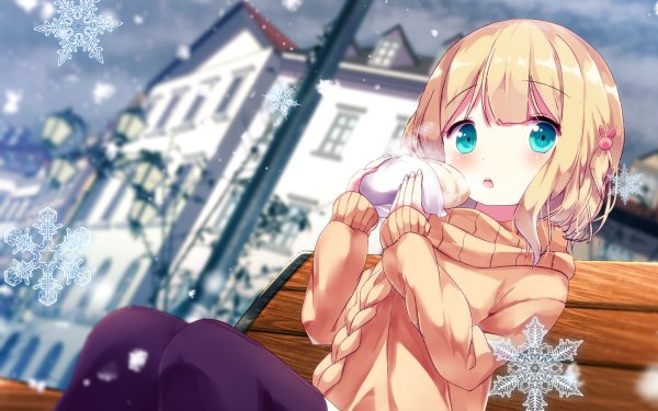 Anime Is the Order a Rabbit? Sharo Kirima Bench Snow Blonde Sweater Thigh Highs Food Blush HD Wallpaper | Background Image