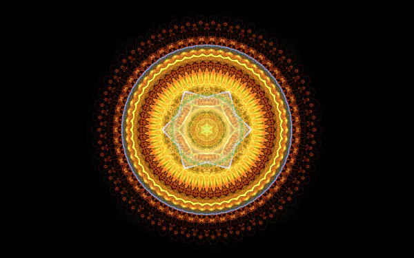 Golden circular abstract mandala pattern on black background; intricate concentric rings form a radiant HD PC desktop wallpaper and background.