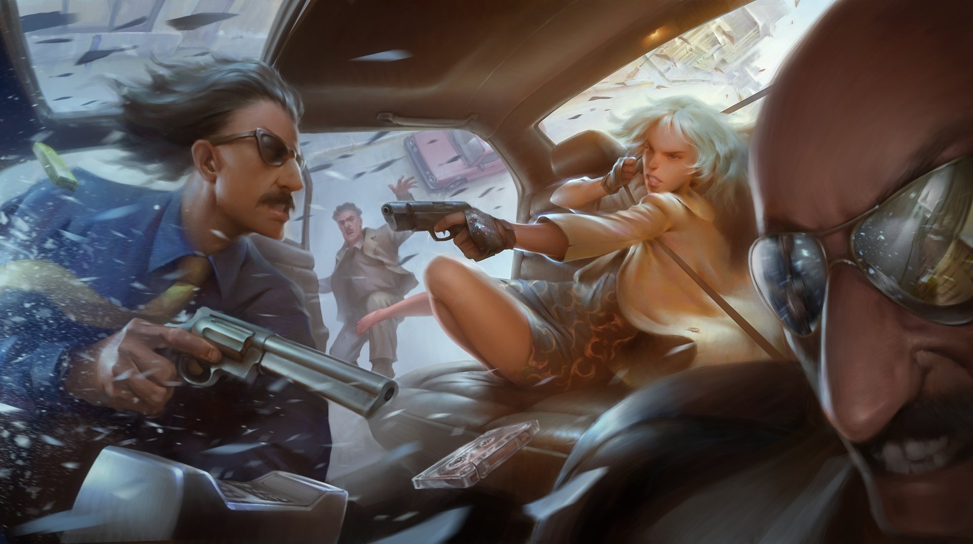 5K Ultra HD PC desktop wallpaper: stylized Atomic Blonde movie scene — blonde agent fires a pistol inside a shattered car as armed figures clash.
