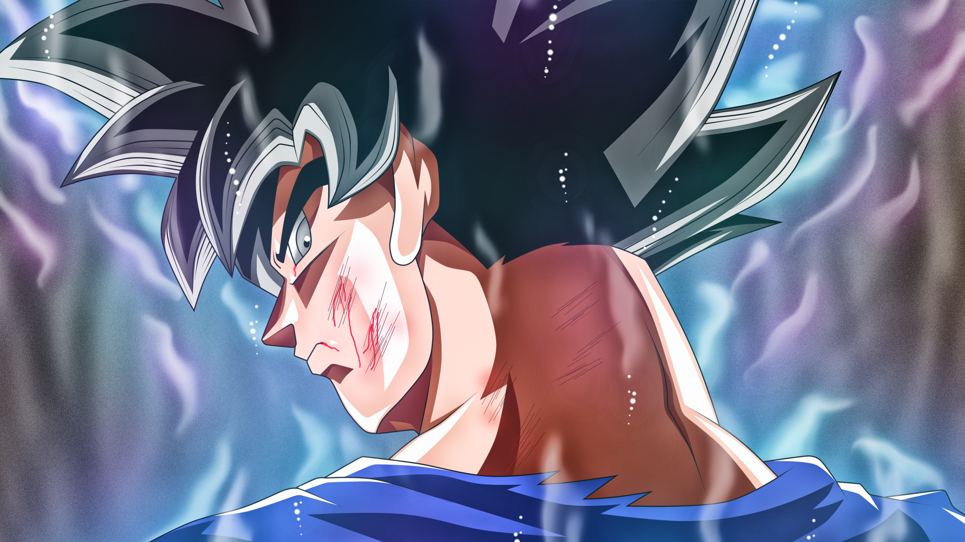 HD desktop wallpaper from Dragon Ball Super featuring an intense close-up of a determined character amidst an ethereal, glowing backdrop.