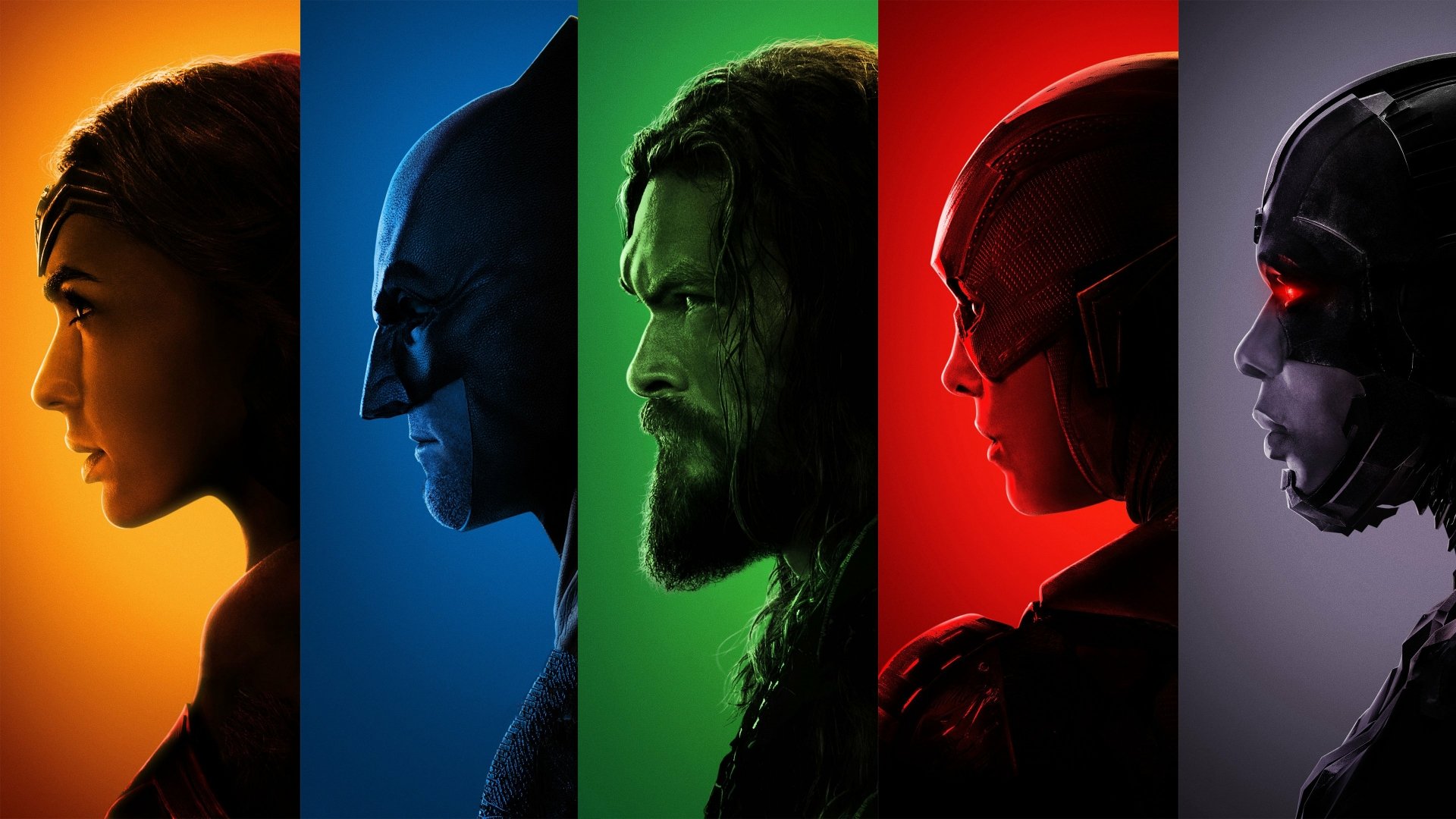 HD desktop wallpaper featuring vibrant profiles of Wonder Woman, Batman, Aquaman, Flash, and Cyborg from the Justice League movie.