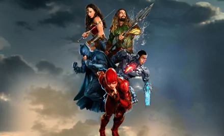 HD desktop wallpaper of Justice League characters including Cyborg, Wonder Woman, Batman, Aquaman, and Flash, portrayed by Ray Fisher, Gal Gadot, Ben Affleck, Jason Momoa, and Ezra Miller.