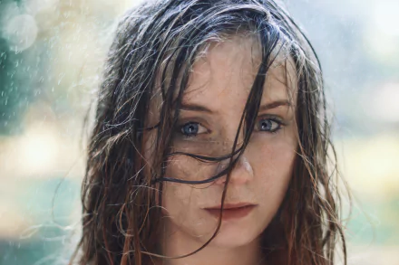 Close-up 4K Ultra HD image of a brunette woman with blue eyes and freckles, captured with shallow depth of field, highlighting her wet hair and contemplative expression.