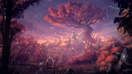 HD desktop wallpaper of a fantasy forest with a towering tree and a dreamy city in the background, bathed in a magical, purple glow.