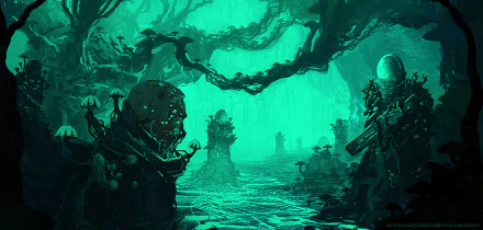 A sci-fi warrior in a space suit armed with a weapon navigates a glowing swamp filled with giant mushrooms under twisted, dark vines in this HD desktop wallpaper.
