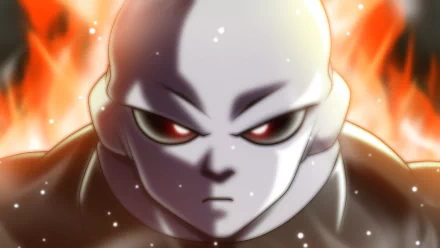 Close-up of Jiren from Dragon Ball Super, set against a fiery background, presented as a 4K Ultra HD anime desktop wallpaper.