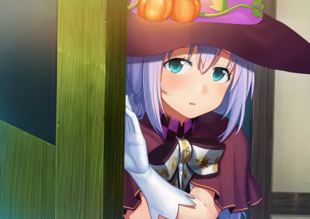 Chino Kafū from Gochuumon wa Usagi Desu ka in Halloween-themed anime art, wearing a witch costume with a purple hat and cloak, peeking from behind a wooden door.