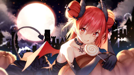 Anime-style iDollers character with red hair, horns, and bat wings against a glowing full moon and dark castle backdrop, presented as an HD PC desktop wallpaper.