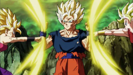 HD wallpaper featuring Goku, Caulifla, and Kale from Dragon Ball Super in Super Saiyan forms, standing amidst a rocky landscape with glowing auras. The vibrant scene captures the dynamic energy of the anime.