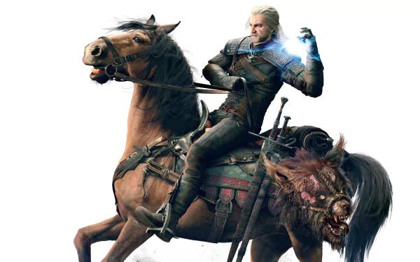 HD wallpaper featuring Geralt of Rivia from the video game The Witcher 3: Wild Hunt. Geralt, on horseback, wields a magical sign.