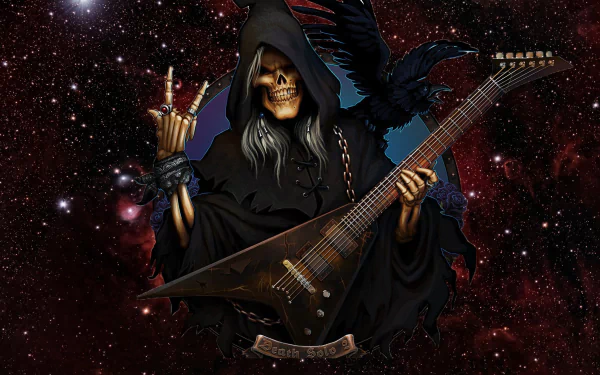 HD desktop wallpaper featuring a grim reaper in dark robes, playing a guitar with a raven perched on his shoulder, set against a cosmic background. Tags: raven, Rock & Roll, guitar, dark, grim reaper.