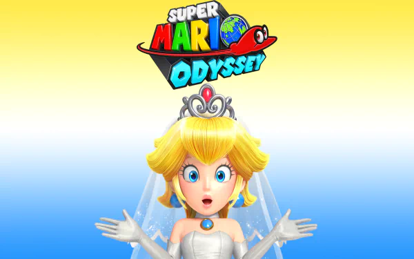 HD PC desktop wallpaper featuring Princess Peach from the video game Super Mario Odyssey with the game's colorful logo above her.