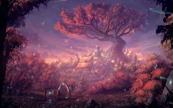 HD desktop wallpaper of a fantasy forest with a towering tree and a dreamy city in the background, bathed in a magical, purple glow.