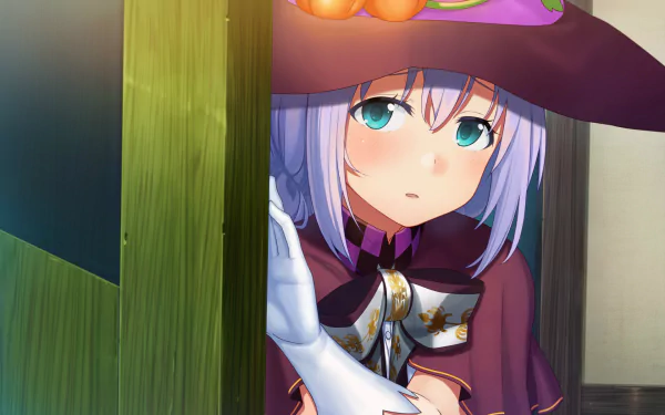 Chino Kafū from Gochuumon wa Usagi Desu ka in Halloween-themed anime art, wearing a witch costume with a purple hat and cloak, peeking from behind a wooden door.