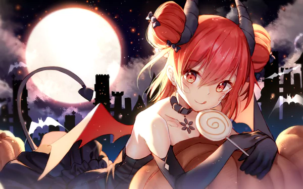 Anime-style iDollers character with red hair, horns, and bat wings against a glowing full moon and dark castle backdrop, presented as an HD PC desktop wallpaper.
