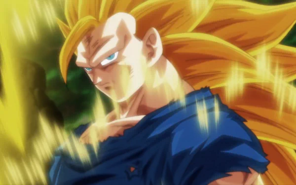 HD desktop wallpaper featuring Super Saiyan 3 from Dragon Ball Super anime, characterized by long golden hair, intense expression, and fiery aura.