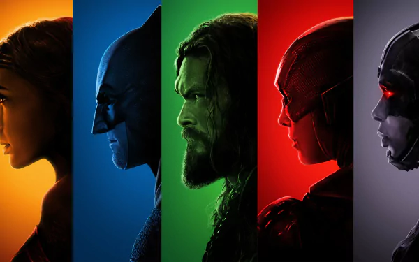 HD desktop wallpaper featuring vibrant profiles of Wonder Woman, Batman, Aquaman, Flash, and Cyborg from the Justice League movie.