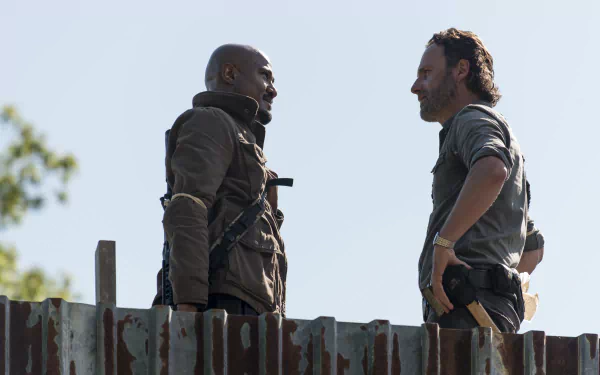 Seth Gilliam as Gabriel Stokes and Andrew Lincoln as Rick Grimes from The Walking Dead face each other, captured in a 4K Ultra HD PC desktop wallpaper.