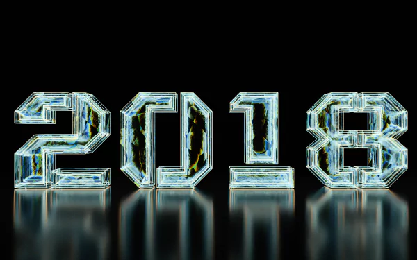 A glossy 3D representation of the year 2018 with a reflective surface, set against a black background, making it an eye-catching New Year holiday wallpaper.