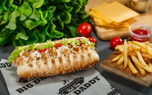 HD desktop wallpaper featuring a hot dog with cheese, lettuce, and tomato, accompanied by golden French fries and fresh ingredients in a vivid still life composition.