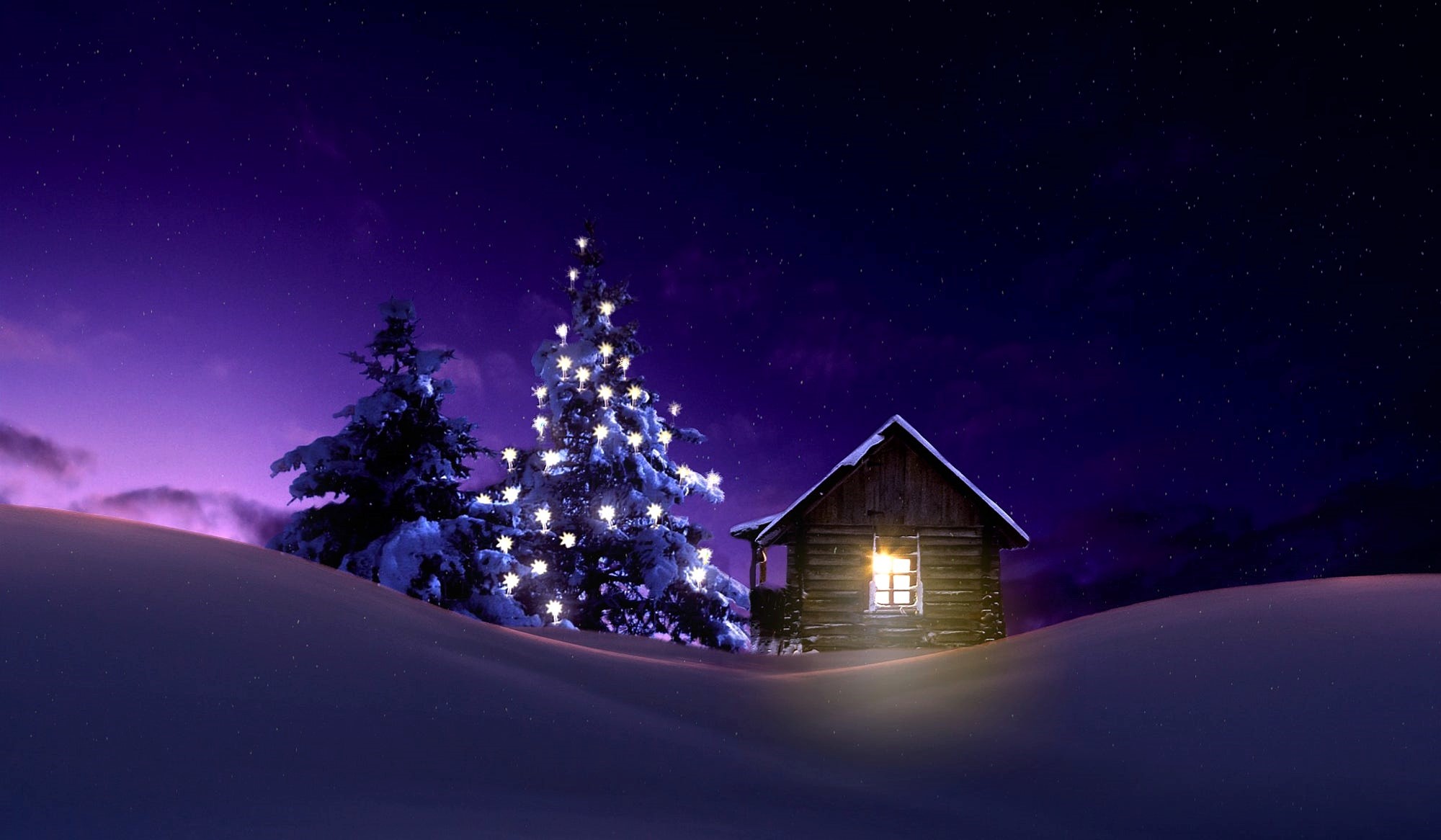 Lighted Tree Outside Winter Cabin by Nikos Bantouvakis